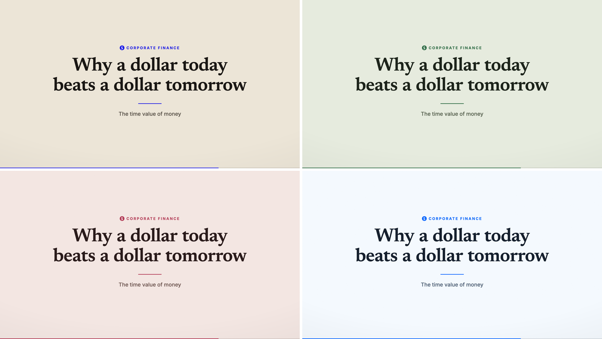 Four Standard lecture title frames rendered in the classic, sage, blush, and azure palettes