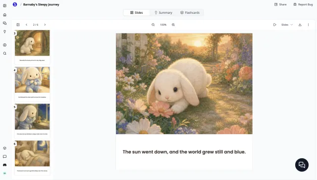AI Story Book Generator — an illustrated children's picture book with a full-color image and story text on every page