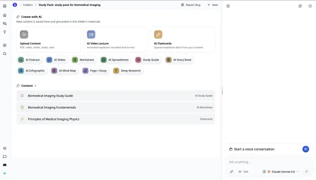 AI Study Pack — a study guide, practice set, and flashcards generated from one upload and saved in a single study folder
